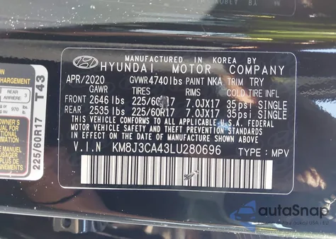 2020 Hyundai Tucson Value из США, поврежденный, VIN KM8J3CA43LU280696